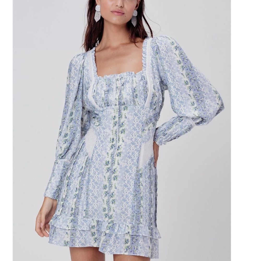 For Love & Lemons Blue Floral Puff-Sleeve Mini Dress - Picture 2 of 8